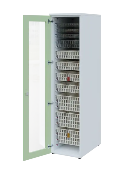 EUROMEDICA S - 46 skříň léková boxová, 1-dveřová/prosklená, levá, 1950x460x735, korpus bílý, dvířka šedo-zelinkavá